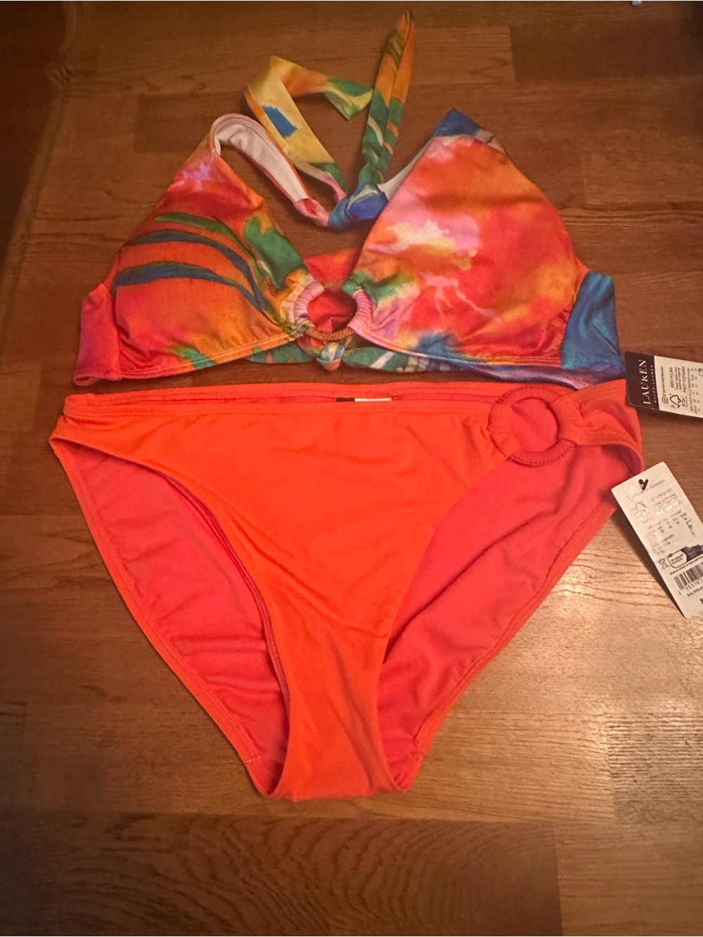 Lauren Ralph Lauren Orange Multicolor Tie-Dye Ring-Accent Bikini Set